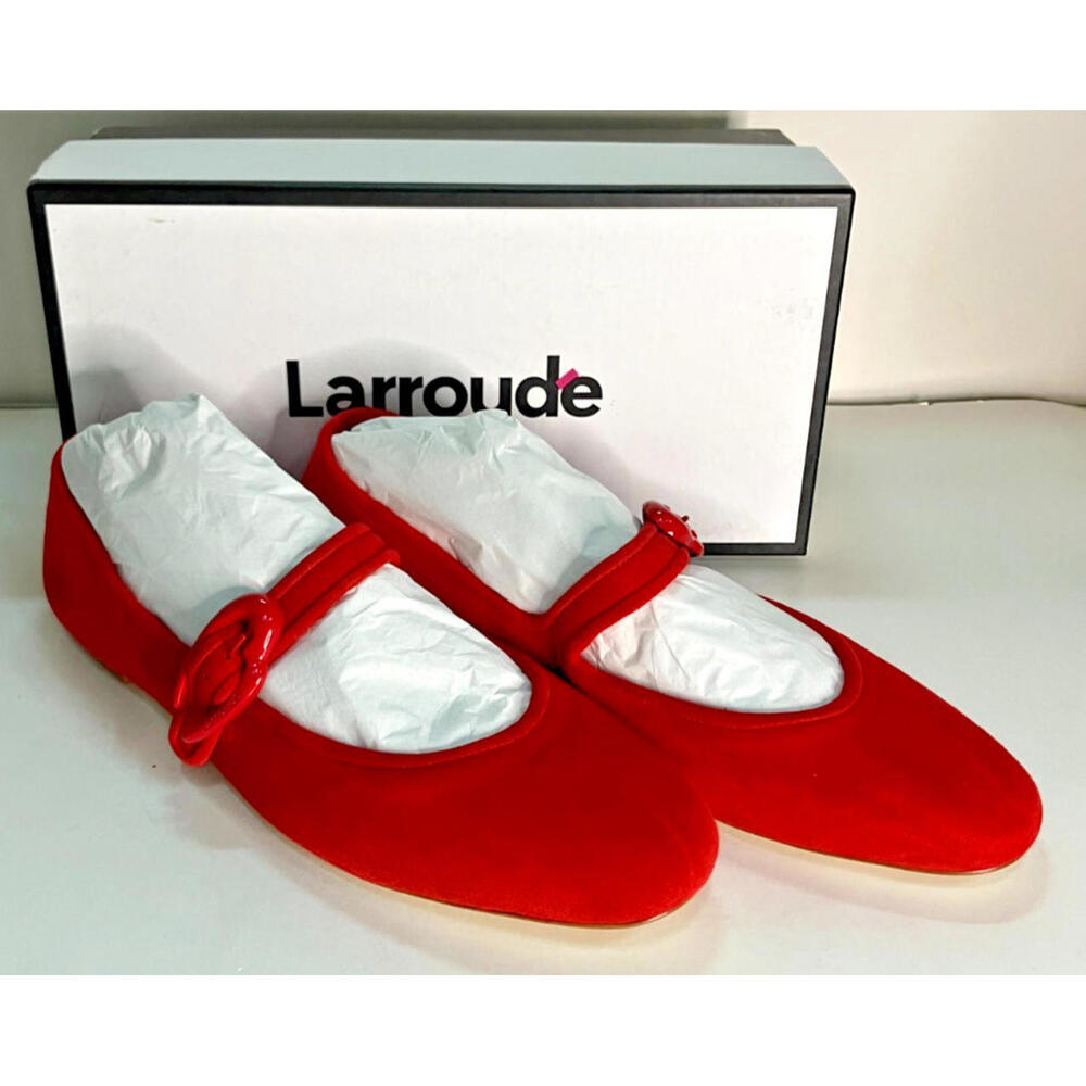 Larroude Red Suede Mary Jane Flats with Decorative Strap